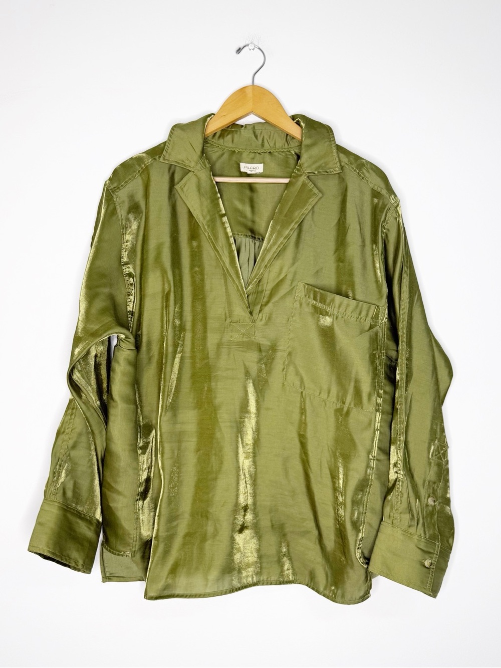 Pilcro Anthropologie Large Olive Green Satin Blouse Oversized OB1786712 - Picture 2 of 5